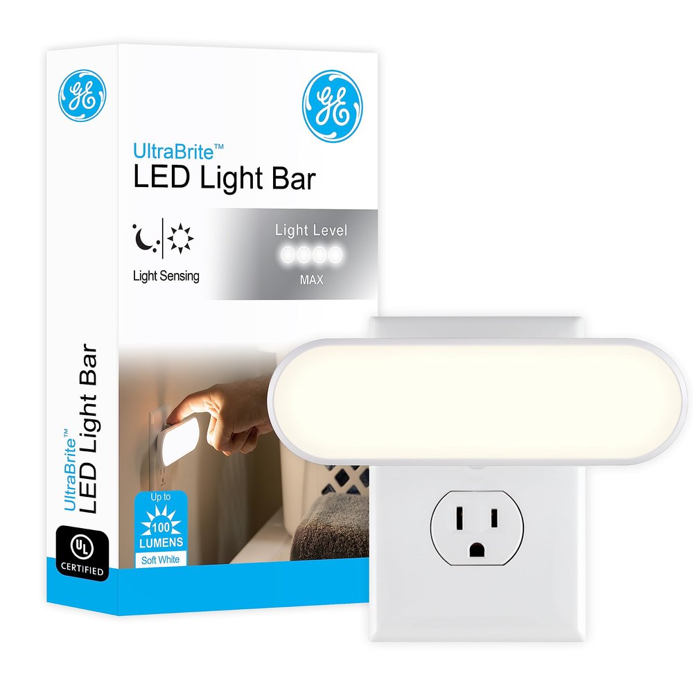 GE Ultrabrite LED Light Bar Night Lights Plug Into Wall Room Decor Ambient Lighting Dusk to Dawn Sensor Bright Nightlight, White, 100 Lumens, 1 Pack