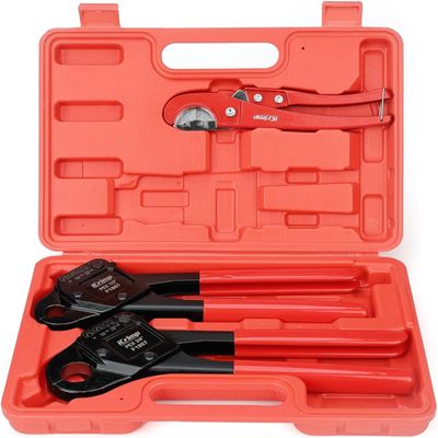 iCrimp Angle PEX Crimping Tool for 1/2-inch & 3/4-inch PEX Copper Crimp Rings and Barbed PEX Fitting, c/w PEX Tubing Cutter & Go/No-Go Gauge, Meets ASTM F1807 Standard PEX PlumbingTool