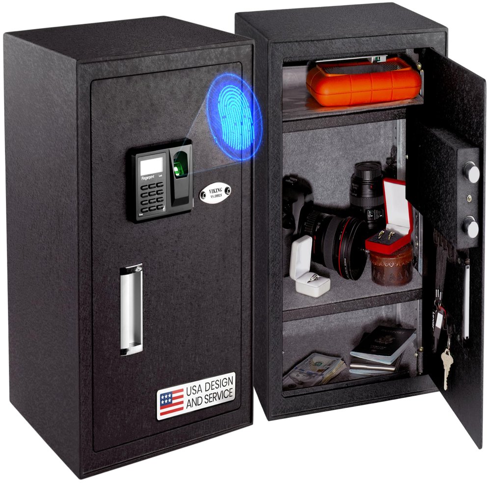 Viking Security Safe VS-50BLX Heavy Duty Large Biometric Fingerprint Safe for Gun, Fast Access Box Pistol Anti-Pry Insertion Slots 500 DPI Optical Sensor Adjustable Shelves