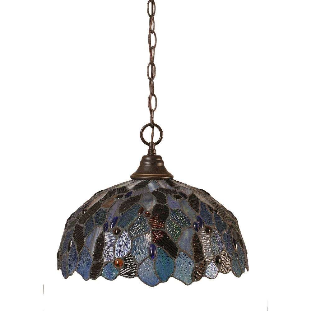Toltec Lighting Chain Hung Pendant Light, Adjustable Ceiling Hanging Fixture, Dimmable Kitchen Island Lighting, Modern Dining Room Pendant, Dark Granite Finish, 16" Blue Mosaic Art Glass