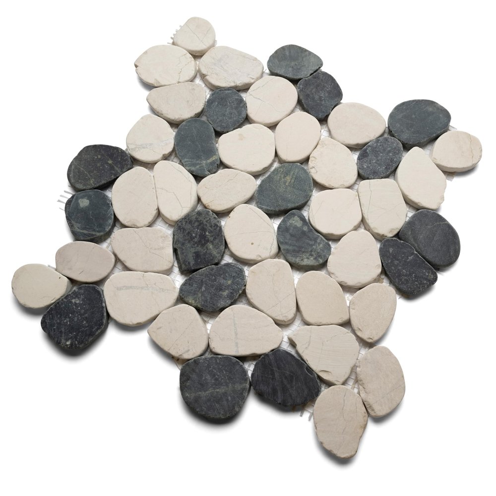 CNK Tile Black and White Sliced Pebble Tile 12" x 12" Polished Natural Stone with Mesh Backing for Bathroom Shower Floor Backsplash Patio Durable Weather-Resistant Easy to Install Pack of 1
