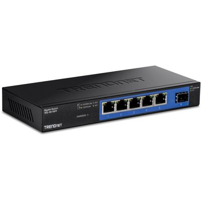 TRENDnet 5-Port Gigabit Compact Metal Desktop Switch with SFP Slot, TEG-S51SFP , Fanless Design, Wall Mountable, Lifetime Protection, Black