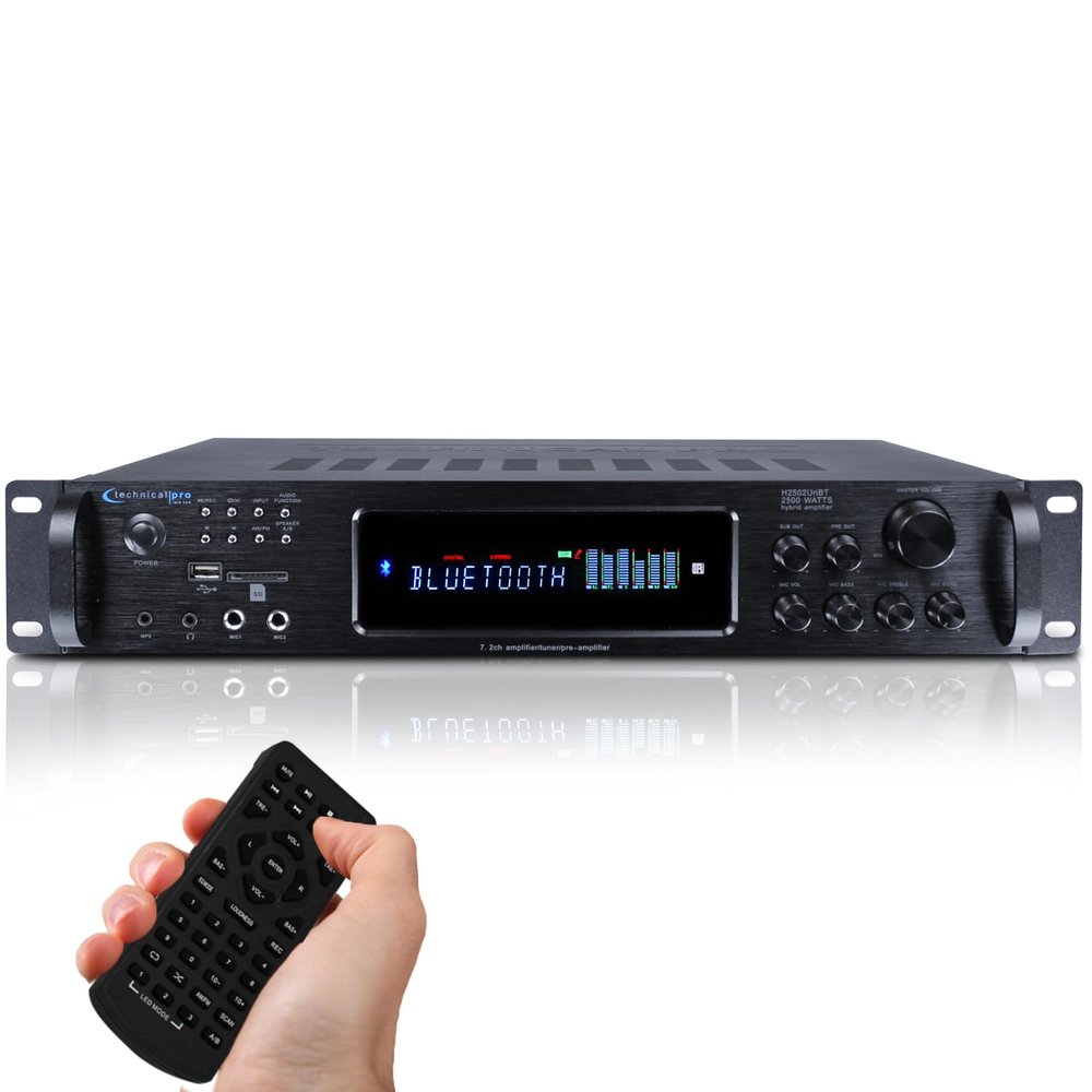 2500 Watts Digital Hybrid Amplifier, Preamp/Tuner with USB and SD Inputs, 2 Mic Inputs, AM/FM Digital Tuner, Wireless Remote, Bass & Treble Controls, FM Radio, Recorder, Bluetooth by Technical Pro