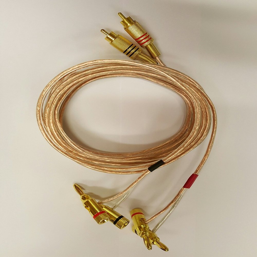 14 AWG Speaker wire with RCA Male to 1 pair Stackable Banana Plugs - Pair (Red/Black), 25 Foot
