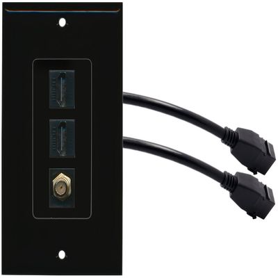 RiteAV (1 Gang Decorative 2 HDMI Black Coax Wall Plate w/Pigtail Extension Cable Black
