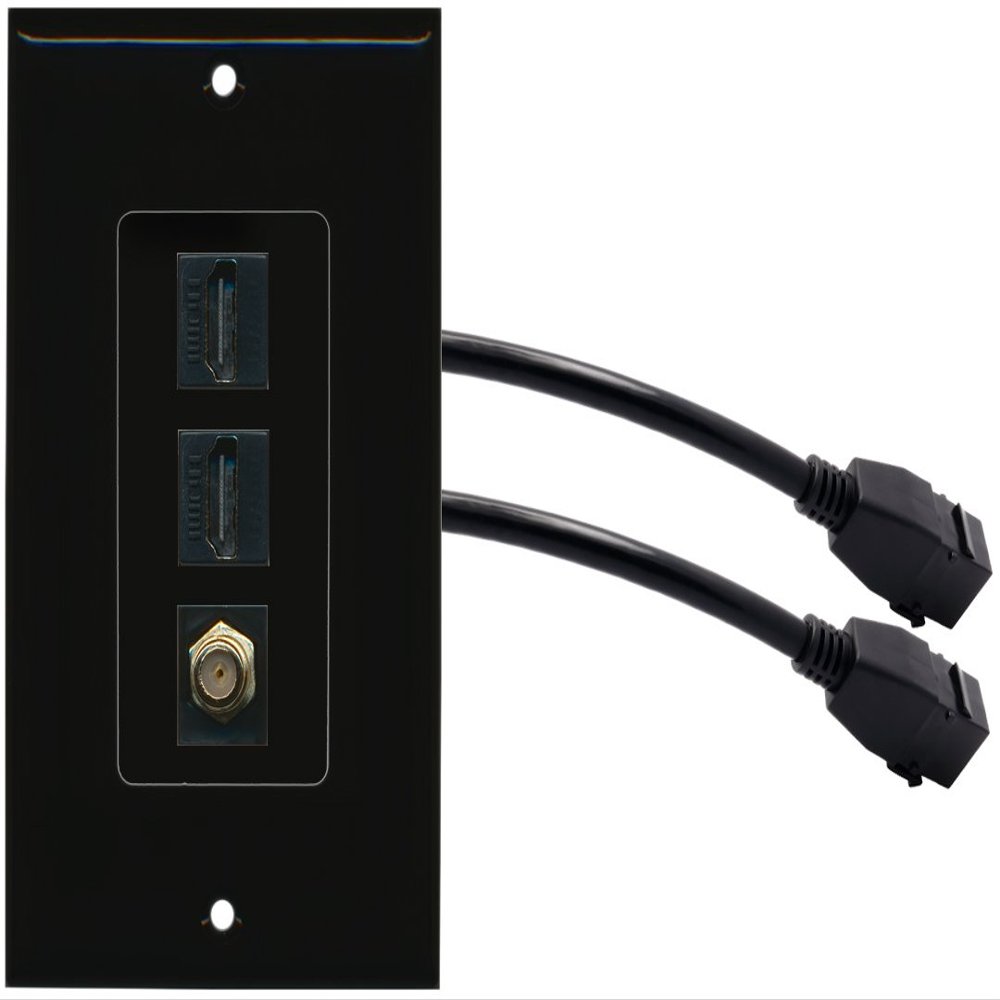 RiteAV (1 Gang Decorative 2 HDMI Black Coax Wall Plate w/Pigtail Extension Cable Black