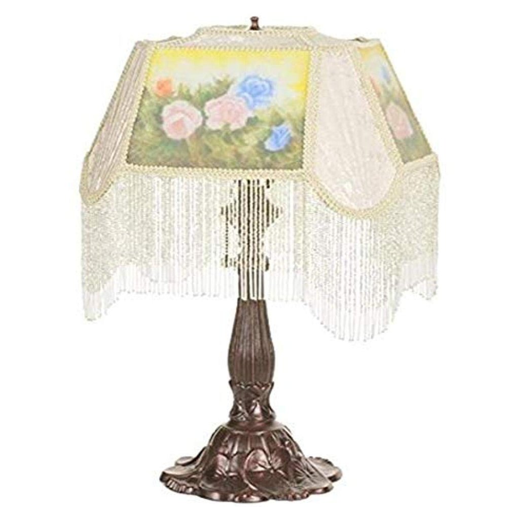 Meyda Tiffany 20286 Reverse Painted Roses Fabric with Fringe Accent Lamp, 18" Height