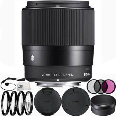 Sigma 30mm f/1.4 DC DN Contemporary Lens for E 12PC Accessory Kit. Includes Manufacturer Accessories + 3PC Filter Kit (UV-CPL-FLD) + 4PC Macro Filter Set (+1,+2,+4,+10) + More