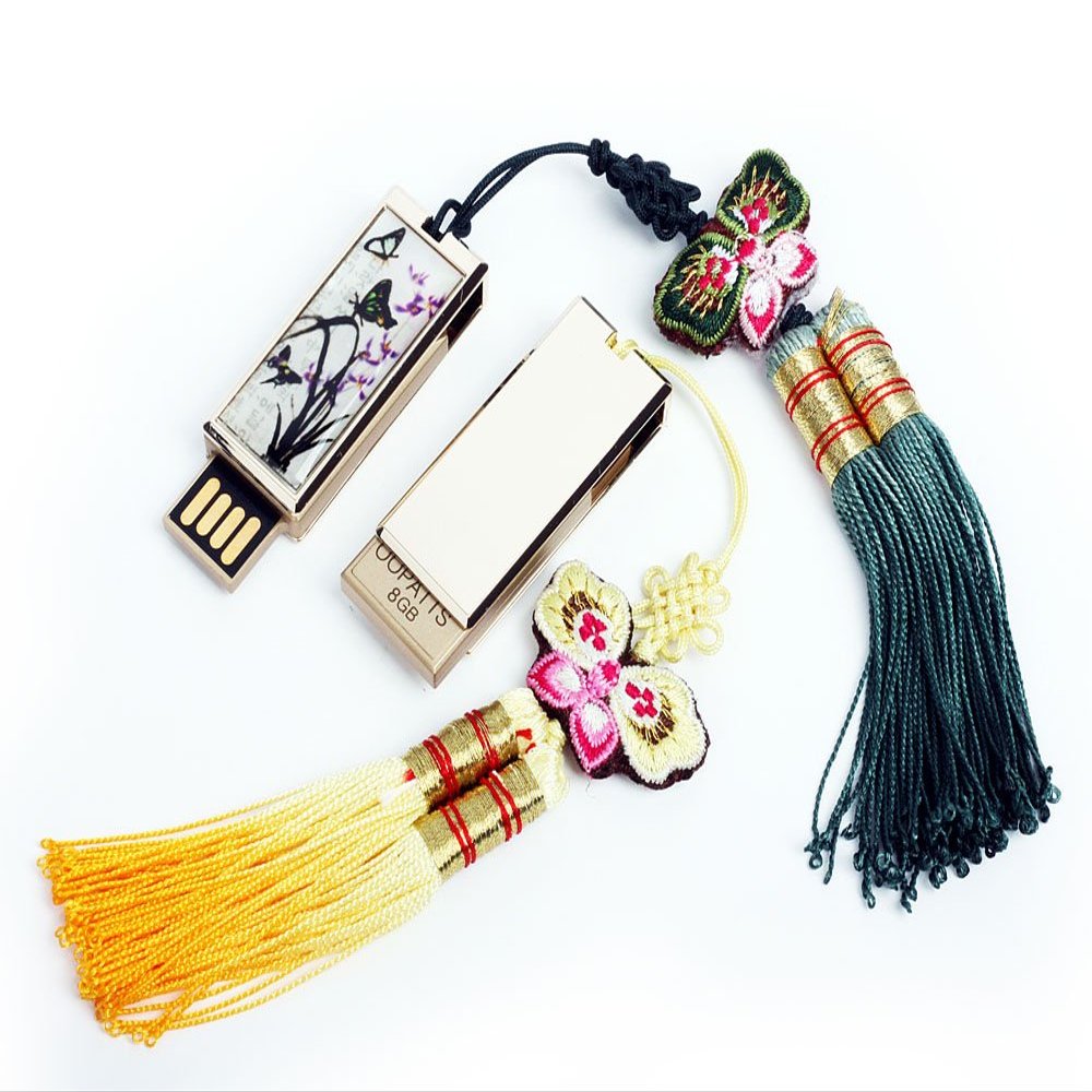 Mother of Pearl 8GB Swivel Thumb Flash Drive Memory Stick USB 2.0 Purple Orchid Flower Butterfly String Strap Lanyard Korean Macrame Tassel Executive Gift