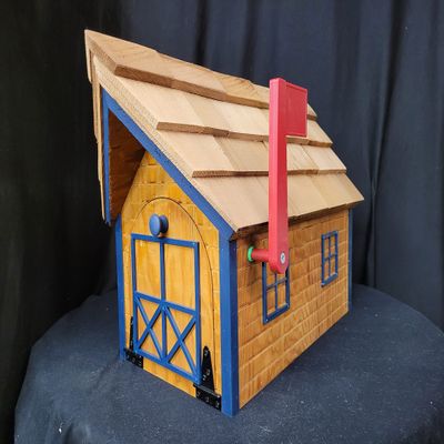 Amish Handmade Handcrafted Rural Mailbox w Flag Wood Roof Log Cabin Dk Blue