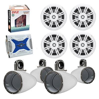 4 x Kicker 49KM604W 6.5" Boat Coaxial White Speaker Package + 4 Kicker 12KMTESW Marine White Tower Enclosure + Waterproof Bluetooth Amplifier with Amp Installation Kit