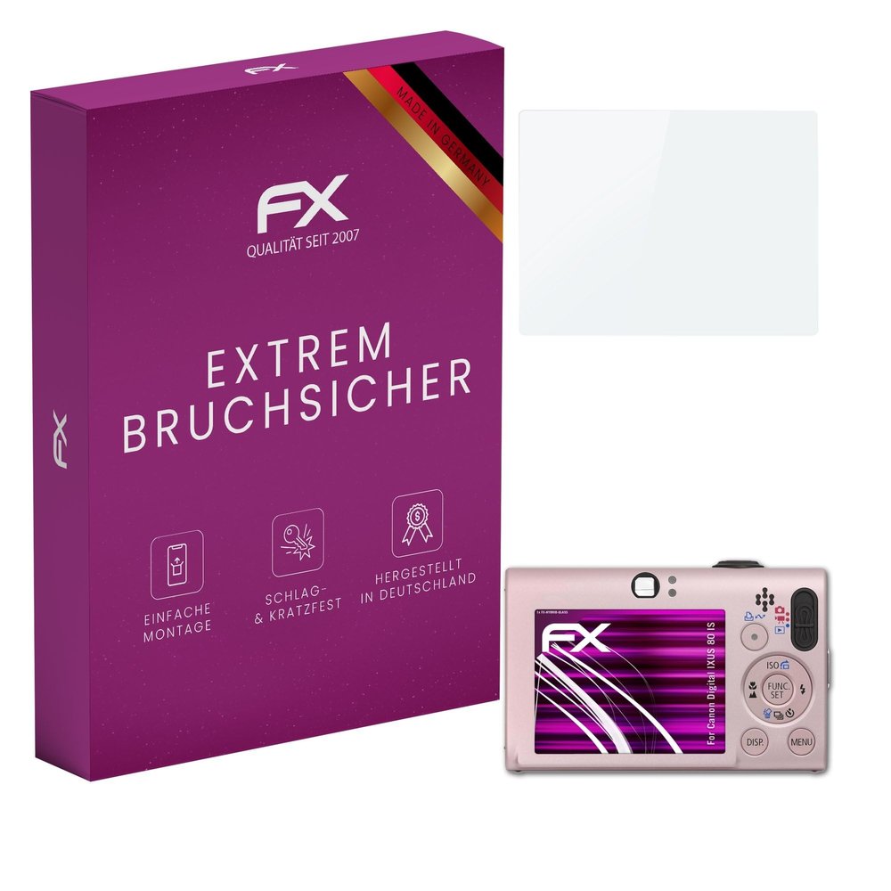 atFoliX Plastic Glass Protective Film compatible with Canon Digital IXUS 80 IS, 9H Hybrid-Glass FX Screen Protector