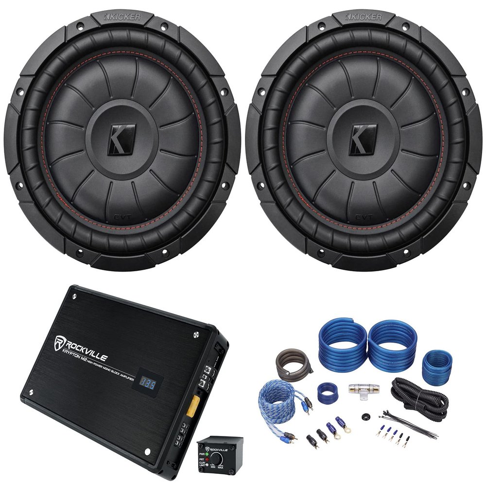 KICKER 2 43CVT102 COMPVT 10" 1600w Shallow Car Subwoofers+Mono Amplifier+Amp Kit