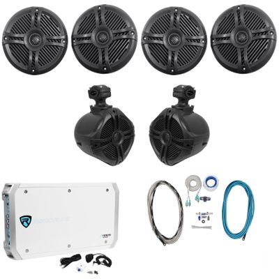 Rockville Marine Audio Bundle: (4) RMSTS65B 6.5" 800W Peak/200W RMS Waterproof Speakers, RXM-S6 2600W 6-Ch Amplifier with Mic, (2) RWB70B 6.5" Wakeboard Tower Speakers, RMWK4 Amp Wire Kit, 8-Items