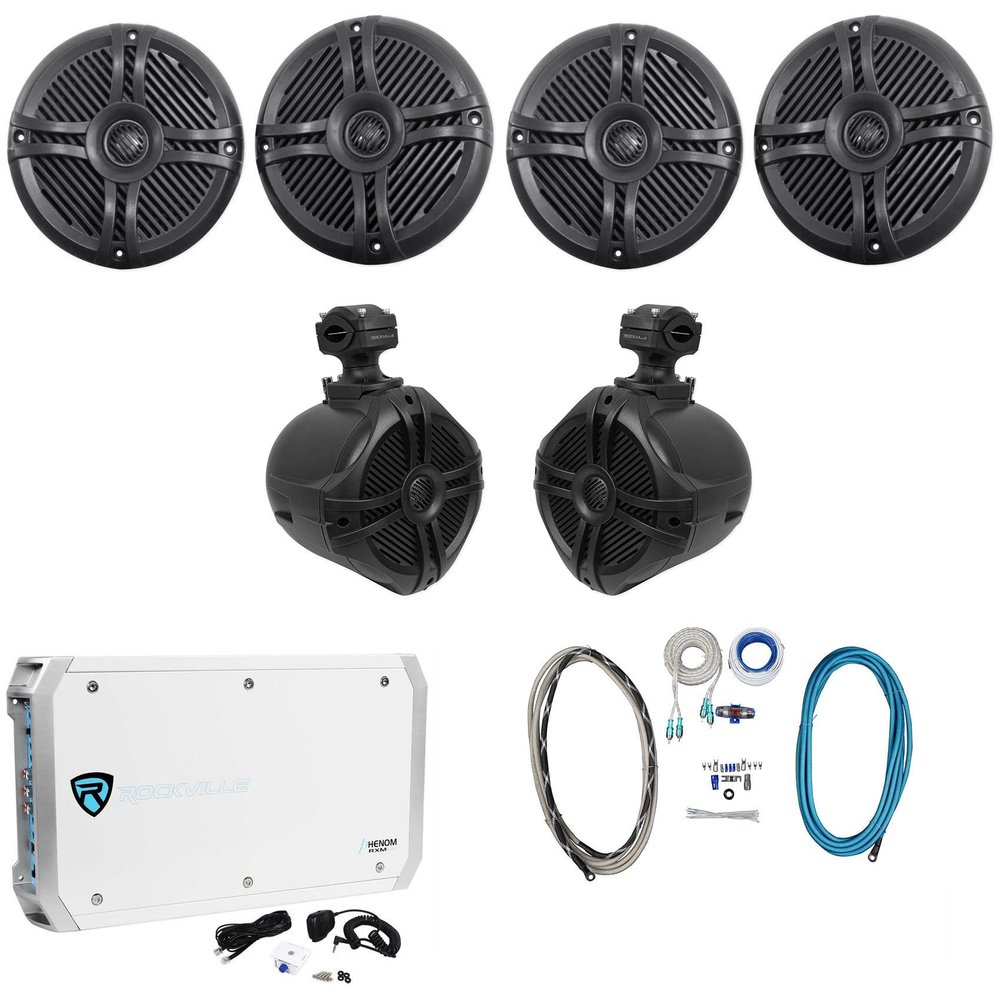 Rockville Marine Audio Bundle: (4) RMSTS65B 6.5" 800W Peak/200W RMS Waterproof Speakers, RXM-S6 2600W 6-Ch Amplifier with Mic, (2) RWB70B 6.5" Wakeboard Tower Speakers, RMWK4 Amp Wire Kit, 8-Items