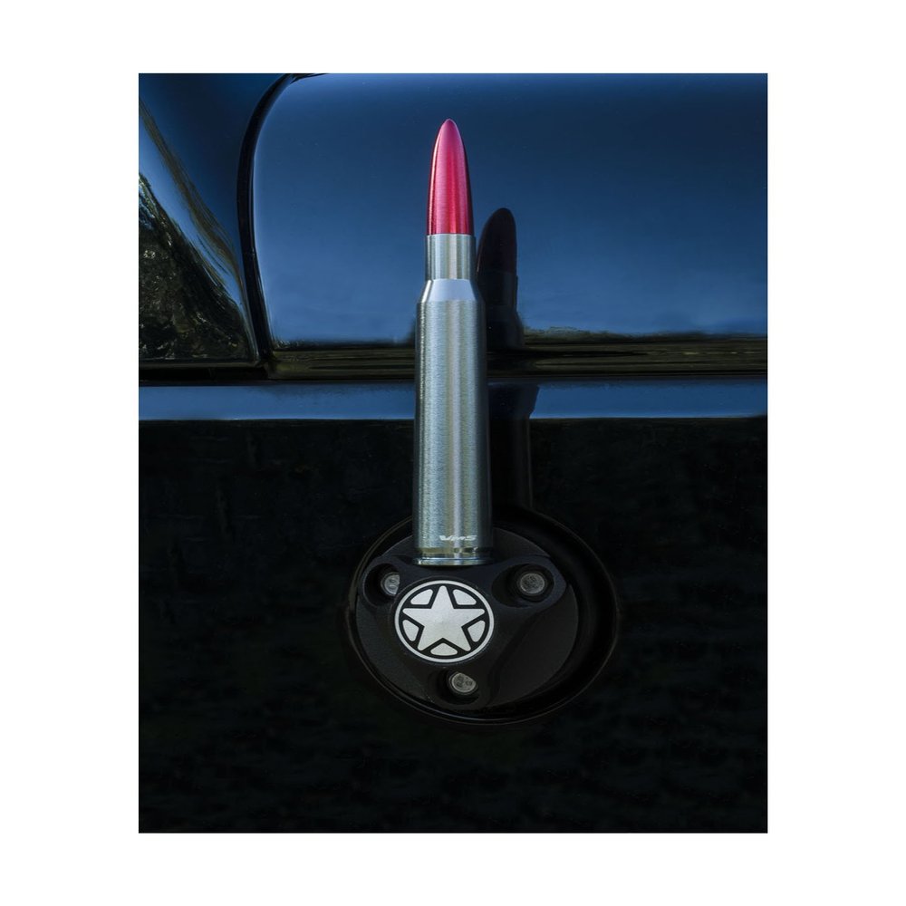 Combo VMS Racing 50 Cal Caliber GUNMETAL with RED TIP BULLET ANTENNA & BLACK HOUSING Cover in Billet Aluminum Stubby Short for Jeep Wrangler JK Sahara Sport Rubicon Unlimited Freedom Fifty