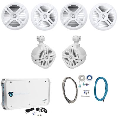 Rockville RXM-S6 Bundle: 2600W Marine 6-Ch Amplifier with PA Mic, (4) RMSTS65W 6.5 in 800W Per Pair 2-Way Boat Speakers, (2) RWB70W 250W Wakeboard Tower Speakers, RMWK4 4 AWG Amp Install Kit, 8-Items