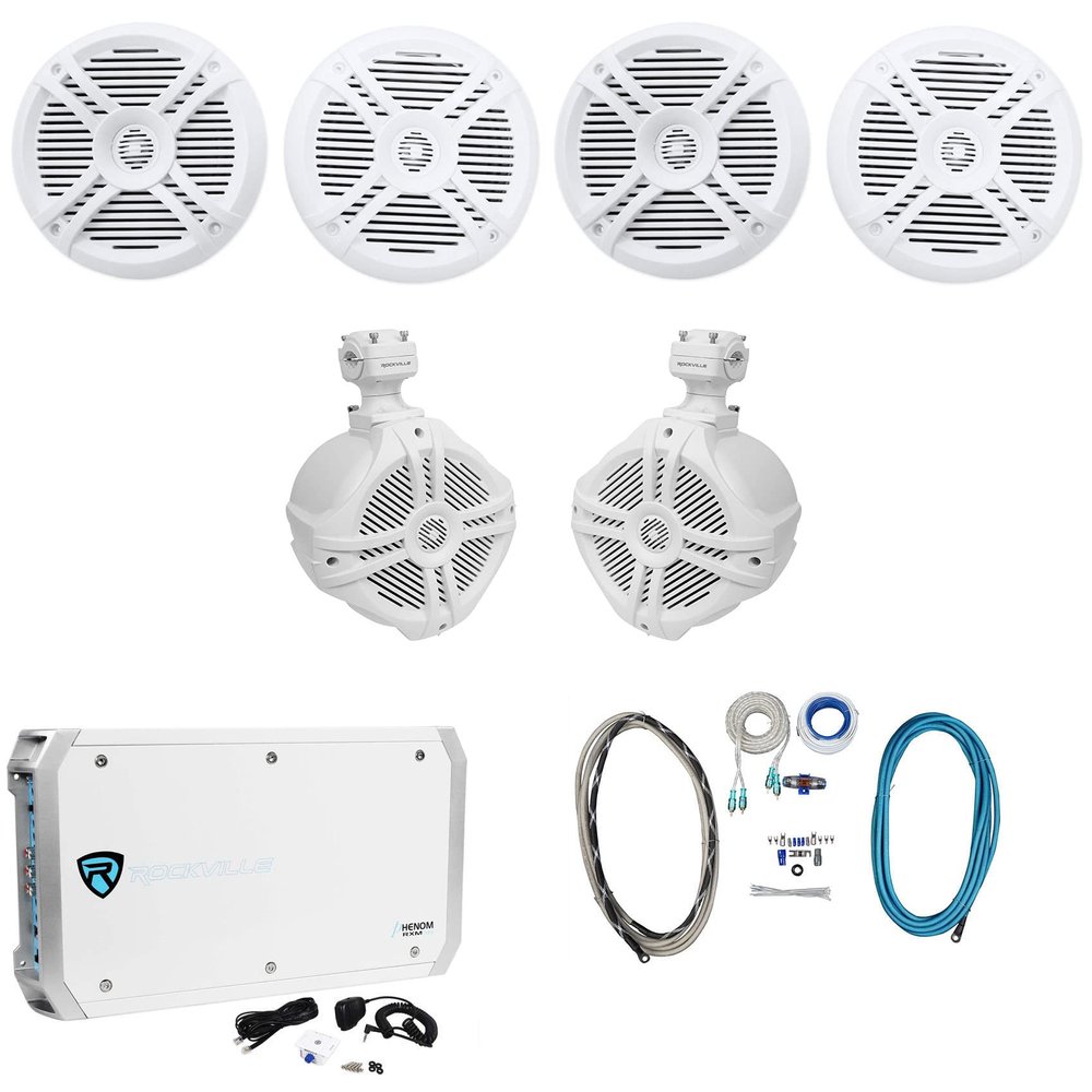 Rockville RXM-S6 Bundle: 2600W Marine 6-Ch Amplifier with PA Mic, (4) RMSTS65W 6.5 in 800W Per Pair 2-Way Boat Speakers, (2) RWB70W 250W Wakeboard Tower Speakers, RMWK4 4 AWG Amp Install Kit, 8-Items