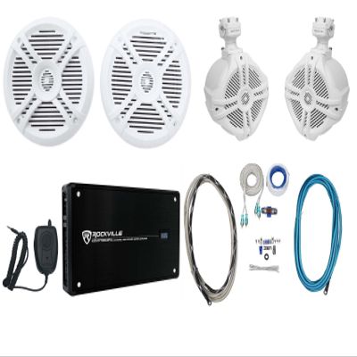Rockville RMSTS65W Bundle: Pair 6.5-in 800-Watt Waterproof Marine Speakers, RMWK4 4 AWG Wire Kit, Pair RWB70W 6.5 in 250-Watt Wakeboard Speakers, Krypton MF4 2400-Watt Peak/600-Watt RMS Amp, 4-Items