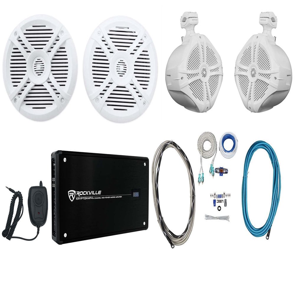 Rockville RWB90W Bundle: (2) 8-in 300-Watt White Marine Wakeboard Tower Speakers, (2) RMSTS65W 6.5-in 2-Way Speakers, Krypton MF4 2400/600-Watt 4-Channel Amplifier, RMWK4 Wiring Kit, 6-Items