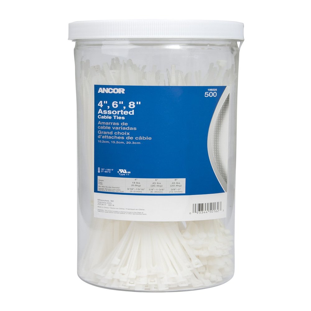 Ancor 199225 Cable Tie, Standard, 4"-6"-8", Natural, 500pc jar