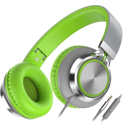 AILIHEN C8 Headphones Wired, On-Ear Headphones with Microphone and Volume Control, Corded 3.5mm Headset for Boys Girl School Smartphones Chromebook Laptop Computer Tablets Airplane Travel (Grey/Green)