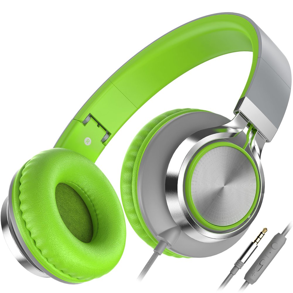AILIHEN C8 Headphones Wired, On-Ear Headphones with Microphone and Volume Control, Corded 3.5mm Headset for Boys Girl School Smartphones Chromebook Laptop Computer Tablets Airplane Travel (Grey/Green)