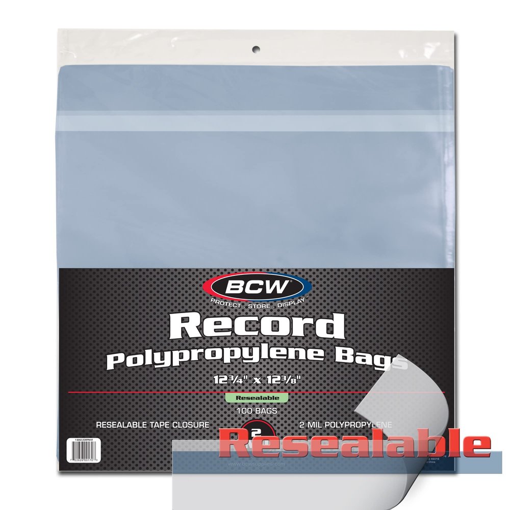 BCW Resealable 12-Inch Vinyl Record Bags - 100 Pack | Archival Safe Polypropylene Sleeves for Single & Double LPs | Acid-Free with Resealable Strip & Flap Record Bag | Record Protective Bags