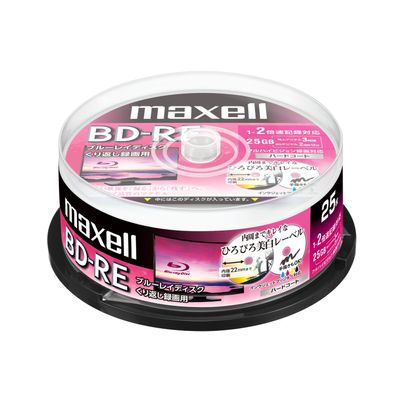 Maxell BEV25WPE.25SPZ for Recording (for Repeated Recording), BD-RE, 2X Speed, 25-Sheet Spindle Case