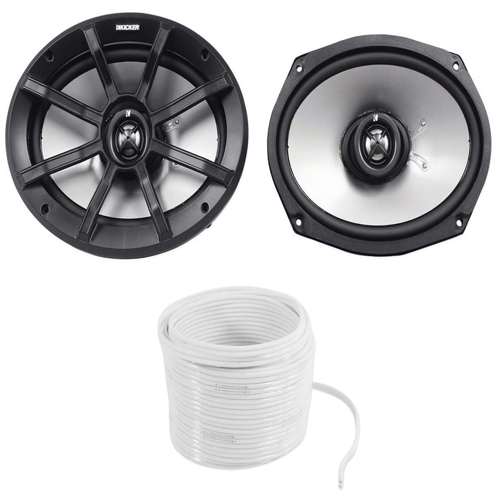 (2) Kicker 40PS694 6x9 180w Compatible with Polairs/ATV/UTV/RZR Marine Motorcycle Speakers PS69 Bundle with Rockville Marine 16G50 OFC 16 Gauge 50 Foot 100% Copper Speaker Wire White