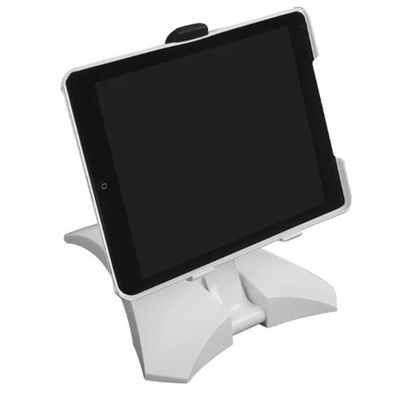 M&T Displays 360 Degree Rotating Mini Tablet Holder Stand  White ABS Plastic Desktop Mount, Supports Landscape and Portrait, Soft Protective Case, Adjustable Width 5.435.51 Inch, Travel Friendly