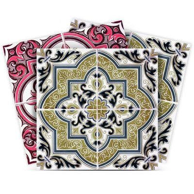 Authentic Tile Stickers by Mi Alma 24 PC Set Spanish Design Wall Tile Decal Perfect for Kitchen Backsplash or Bathroom Tiles Vinyl Art Easy to Install Peel and Stick (4x4 Inch, Rosy Green H219)