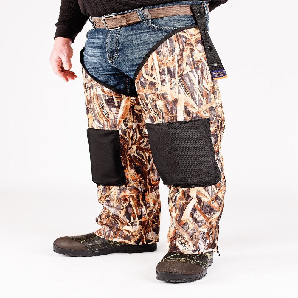 DeHaus Performance Work Gear Hunting Chaps- Integrated Knee Pad, True Timber Camo Pattern, Oversized 3/4" Thick Foam Pad with Ballistic Nylon Cap (True Timber- Flooded Timber, S/M; 24" Thigh)