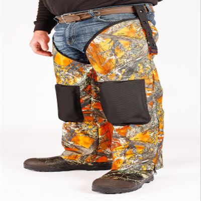 Hunting Chaps- Integrated Knee Pad, True Timber Camo Pattern, Oversized 3/4" Thick Foam Pad with Ballistic Nylon Cap (True Timber- MC2 Blaze, L/XL; 27" Thigh)