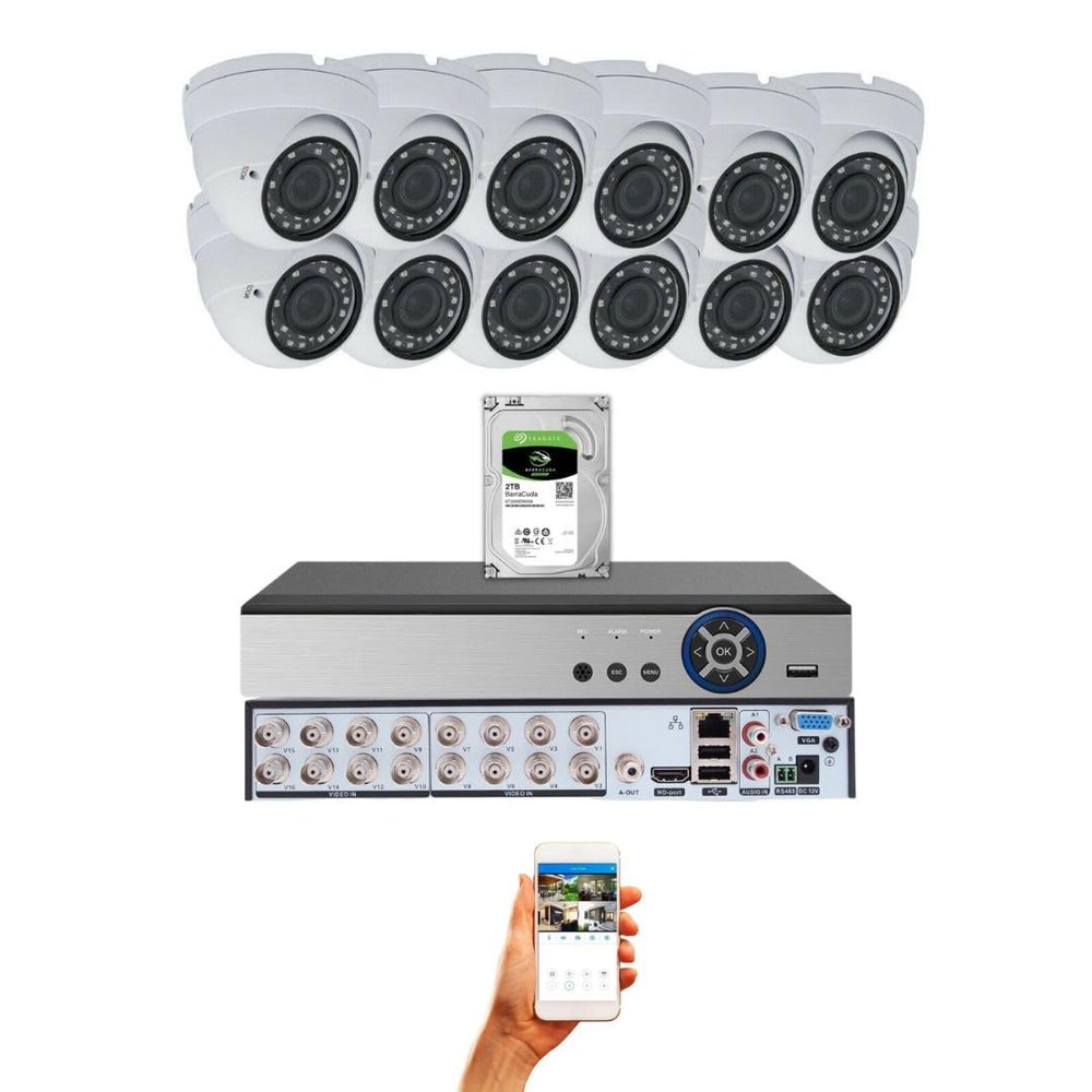 Evertech 12 Camera Surveiillance CCTV System HD 1080p Varifocal Lens Night Vision Metal Weatherproof Camera 16 Channel Video Recorder 2TB Hard Drive Memory Easy Remote Access NO Cables Included