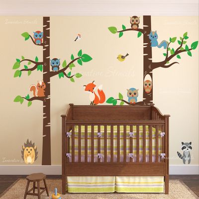 Innovative Stencils Birch Tree Wall Decal Forest with Owl Birds Squirrels Fox Porcupine Racoon Vinyl Sticker Woodland Children Decor Removable #1327 (84" (7 ft) Tall, Custom - Contact Us)