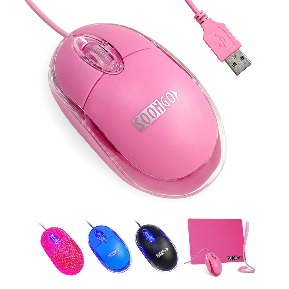 SOON GO Pink Mouse,Computer Mouse,with 1.5m Pink USB Cable - Compatible with Windows, Linux, Mac, Laptop, PC & Desktop - Ideal for Office, Home, Business, School, Kids & Women