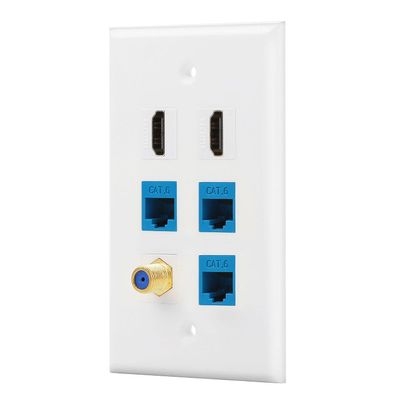 IBL-6 Port Wall Plate 3 Port Cat6+ 2 Port HDMI +1 Port Gold-Plated F Type coaxial Cable TV Keystone Female to Female Jack in White