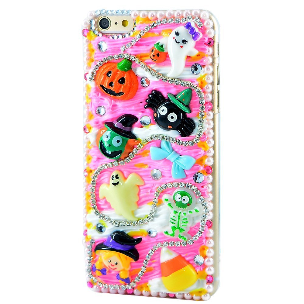 STENES Bling Phone Case Compatible with iPod Touch (6th Generation) Case - Luxurious Crystal 3D Handmade Sparkle Diamond Rhinestone Clear Cover - Halloween Ghost Spider Pumpkin Skull/Pink