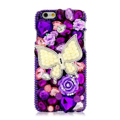 STENES Bling Phone Case Compatible with iPhone 4S Case - Luxurious Crystal 3D Handmade Sparkle Diamond Rhinestone Clear Cover - Pearl Butterfly Rose Flowers/Purple