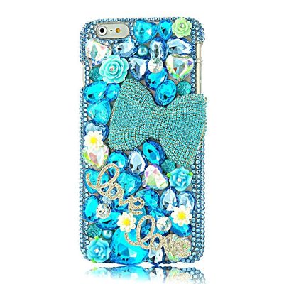 STENES Bling Phone Case Compatible with iPod Touch (6th Generation) Case - Luxurious Crystal 3D Handmade Sparkle Diamond Rhinestone Clear Cover - Big Bowknot Flowers Love/Sky Blue