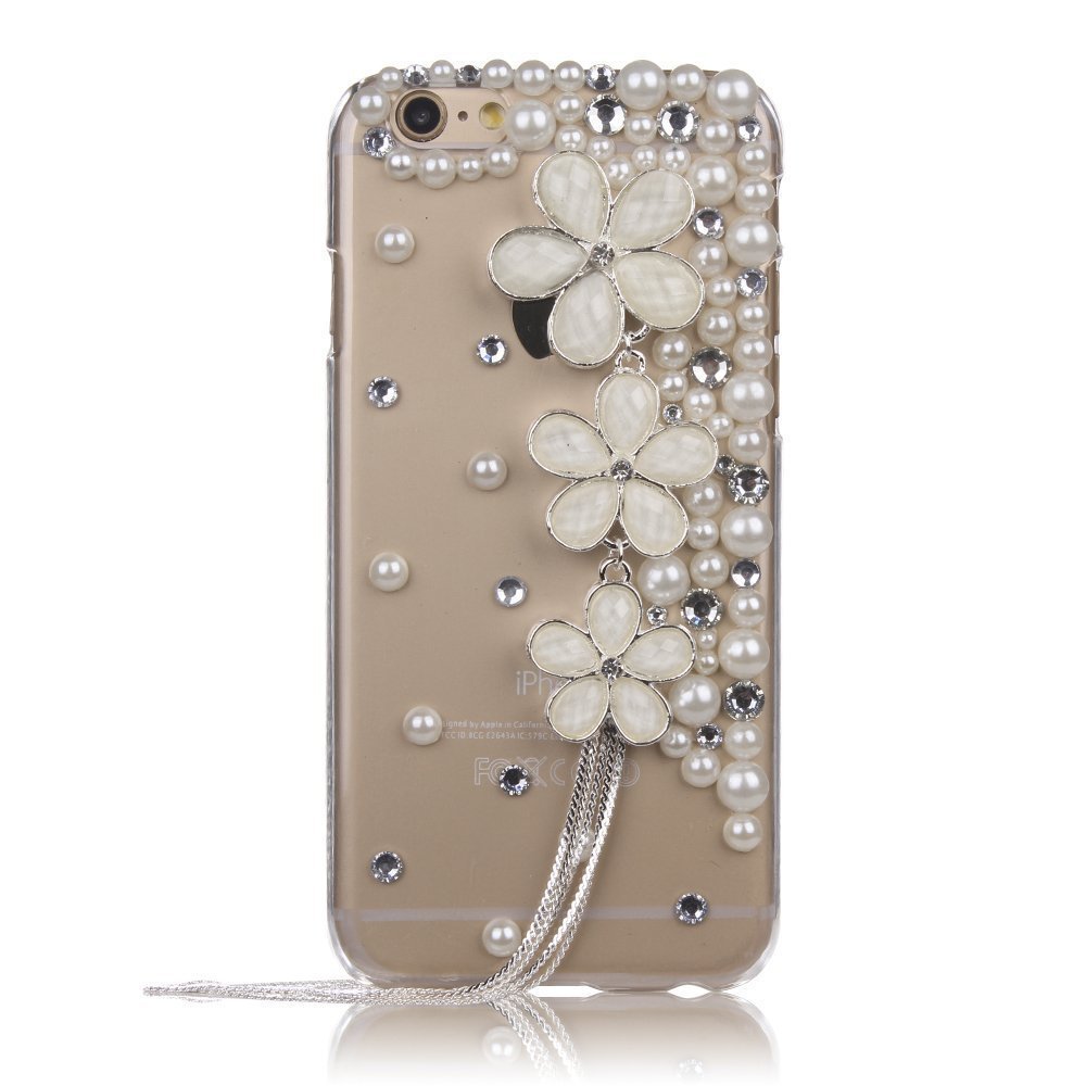 STENES Bling Phone Case Compatible with iPod Touch (5th Generation) Case, Luxurious Crystal 3D Handmade Sparkle Diamond Rhinestone Clear Cover - Flowers Tassel/White