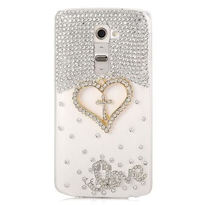 STENES Bling Phone Case Compatible with LG Escape 3 Case - Luxurious Crystal 3D Handmade Sparkle Diamond Rhinestone Clear Cover - Cross Love Heart/Gold
