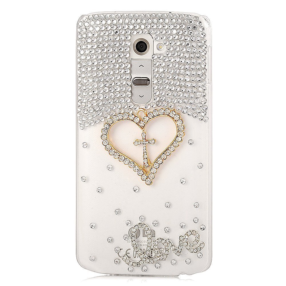 STENES Bling Phone Case Compatible with LG Escape 3 Case - Luxurious Crystal 3D Handmade Sparkle Diamond Rhinestone Clear Cover - Cross Love Heart/Gold