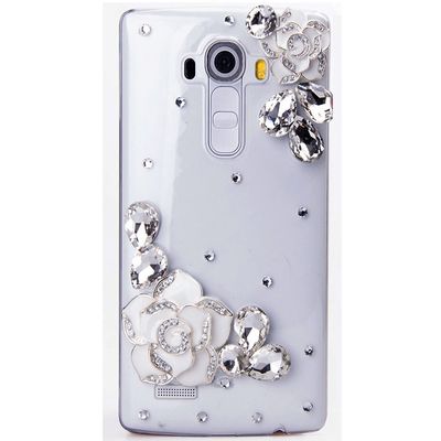 STENES Bling Phone Case Compatible with LG Phoenix 2 Case - Luxurious Crystal 3D Handmade Sparkle Diamond Rhinestone Clear Cover - Camellia Flowers/White