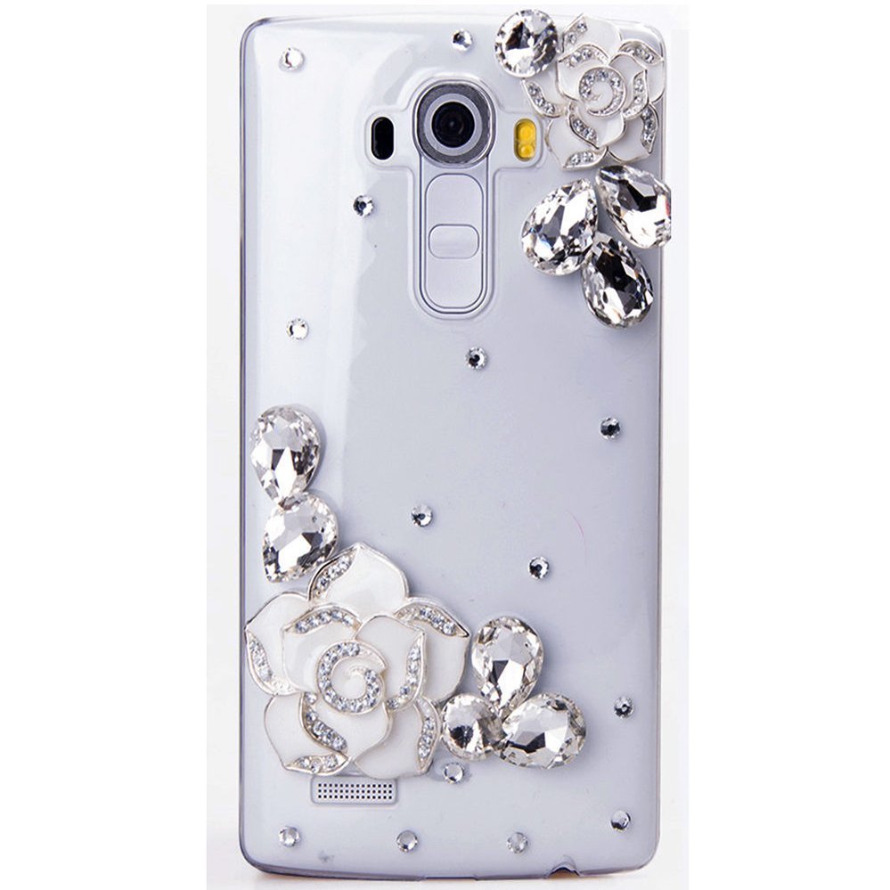 STENES Bling Phone Case Compatible with LG Phoenix 2 Case - Luxurious Crystal 3D Handmade Sparkle Diamond Rhinestone Clear Cover - Camellia Flowers/White