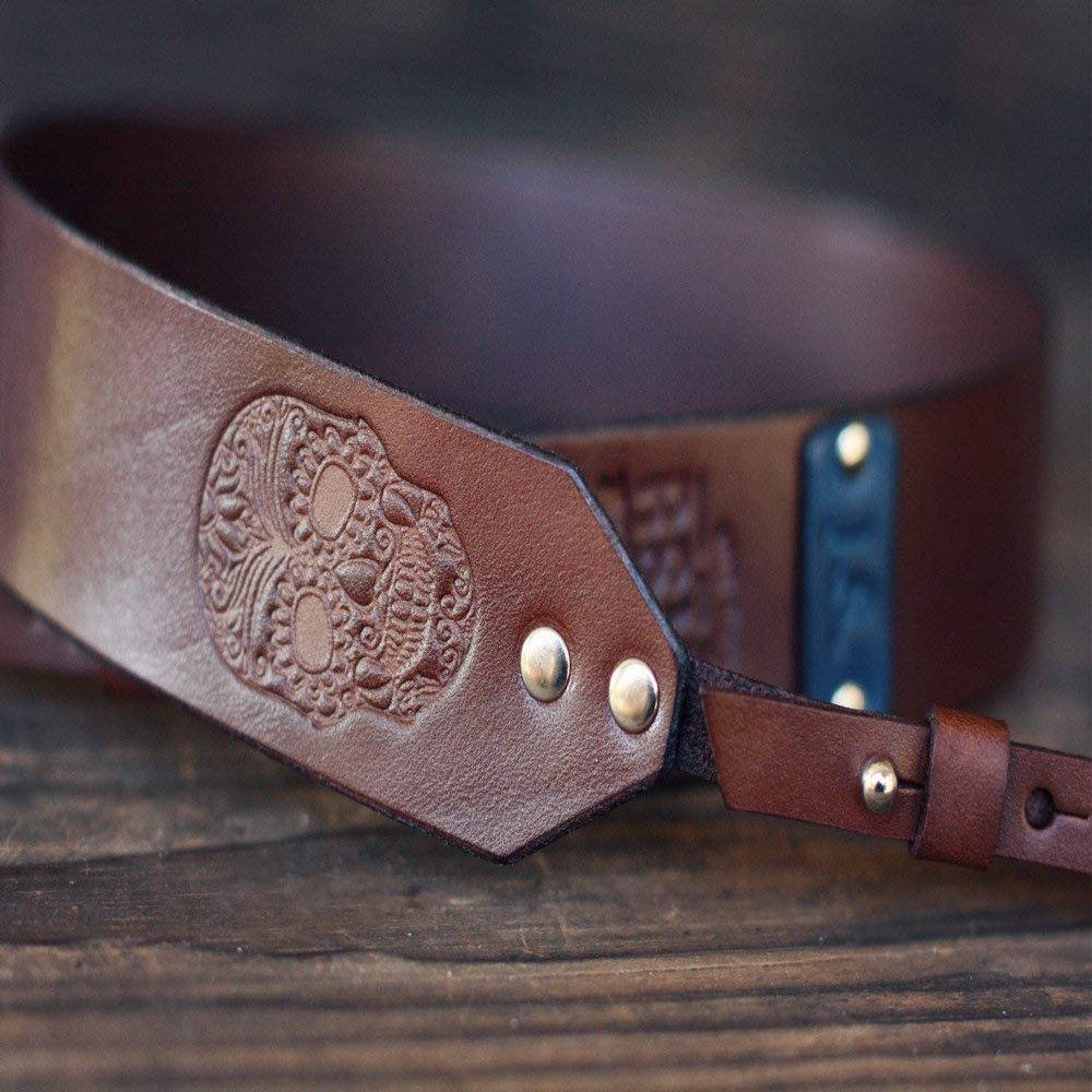 Custom Leather Camera Strap, Handmade personalized gift, Brown stain, Skull, hand stitched, Custom name, initials, neck strap, DSLR, SLR, shoulder strap