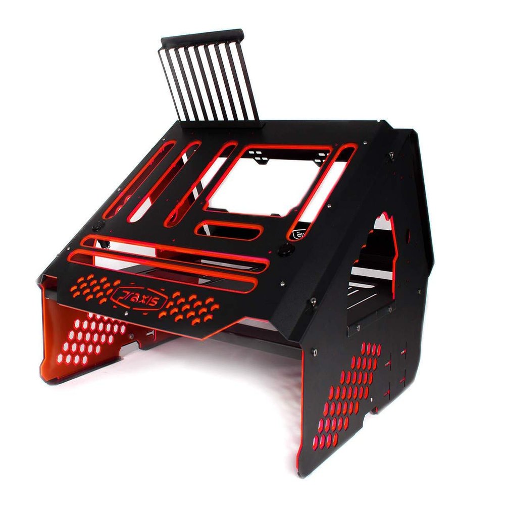 PrimoChill's Praxis Wetbench Powdercoated Steel Modular Open Air Computer Test Bench for Watercooling or Air Cooled Components - Black w/UV Red/Pink Accents