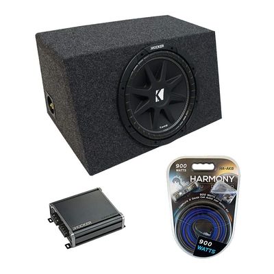 Harmony Audio HA-AK8 Car Stereo Complete 8 Gauge 900W Amp Install Kit, 43C124-N Comp C12 150W RMS Car Sub, 46CXA4001 Class D Mono 800W Peak Sub Amp and 112H Sealed Slanted Hatchback Sub Box Enclosure
