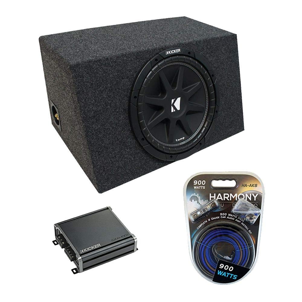 Harmony Audio HA-AK8 Car Stereo Complete 8 Gauge 900W Amp Install Kit, 43C124-N Comp C12 150W RMS Car Sub, 46CXA4001 Class D Mono 800W Peak Sub Amp and 112H Sealed Slanted Hatchback Sub Box Enclosure